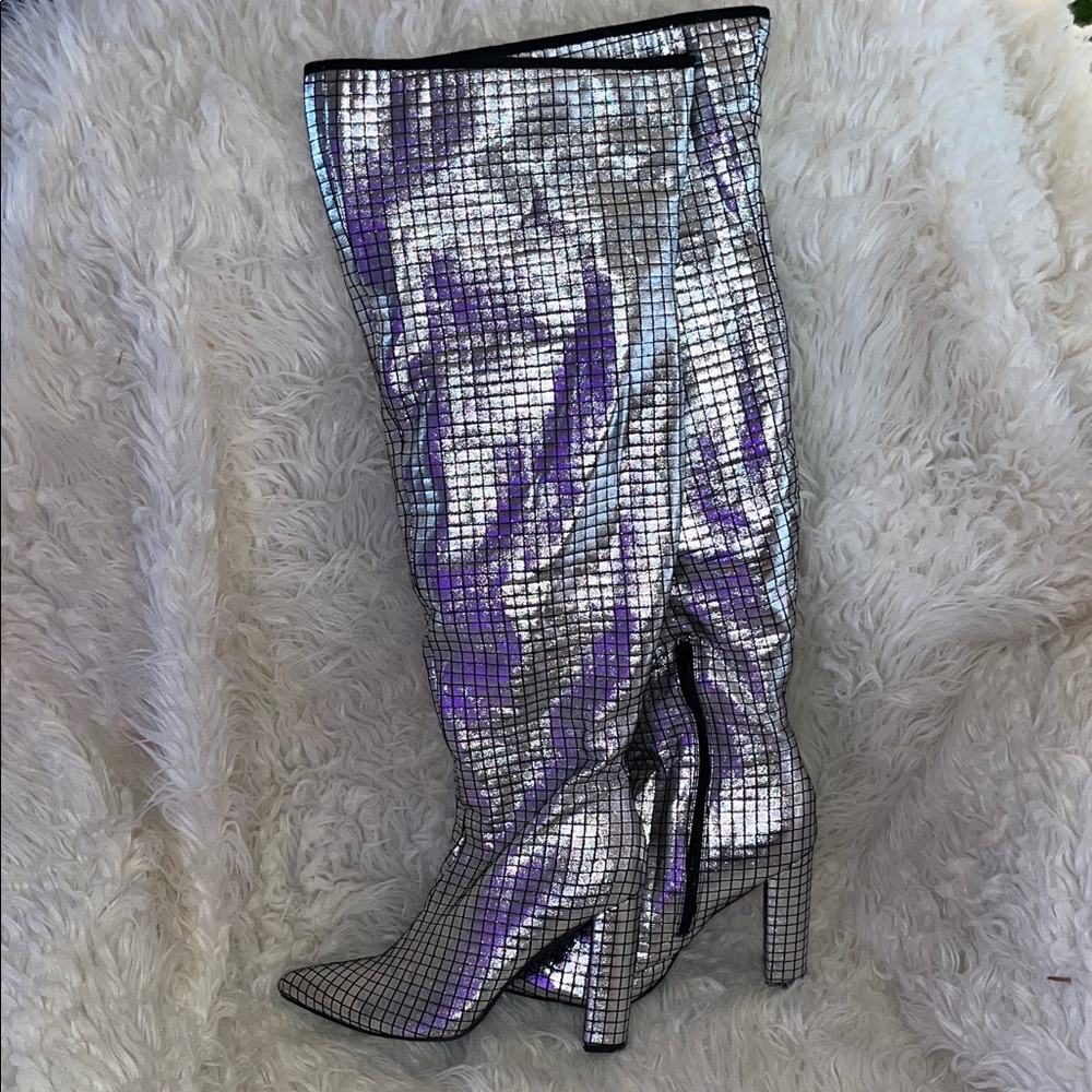 Silver Holographic Grid Knee-High Boots - Women - Picture 6 of 11